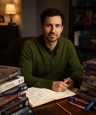 Game critic surrounded by role-playing game cases and a notebook in a home office