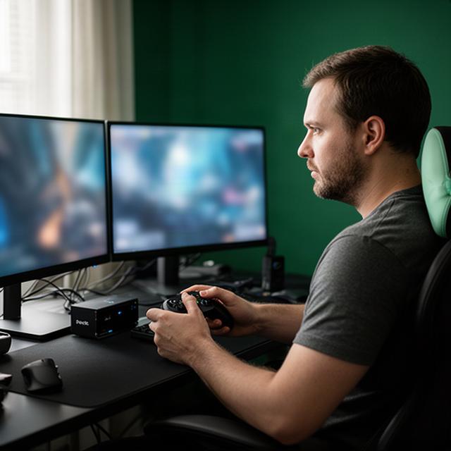 Game critic testing a controller beside a dual-monitor setup in a Pennsylvania home office
