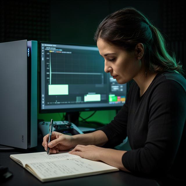 Woman game analyst taking notes beside a console and performance monitor in a dark review room