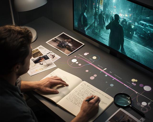 Researcher examining a photographed game trailer screen beside handwritten notes and timeline markers