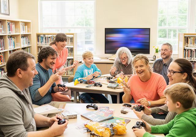 Small Pennsylvania gaming community gathering in a bright North Huntingdon Township library room