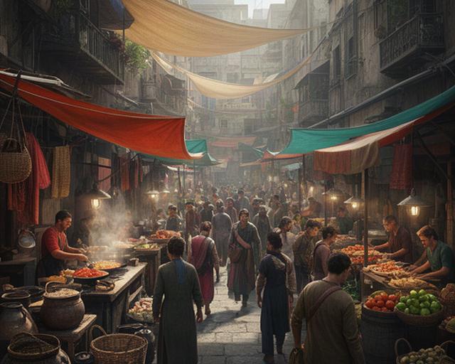 Crowded open-world market with varied NPC clothing, food stalls, and layered urban detail