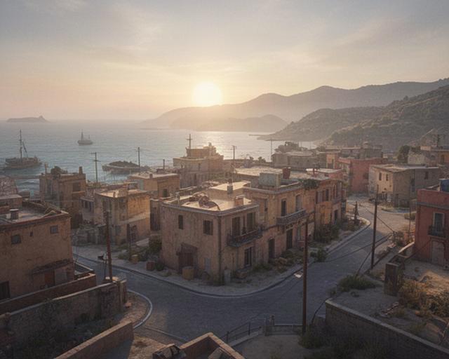 Coastal sandbox town at sunrise with distant hills, warm light, and detailed building textures